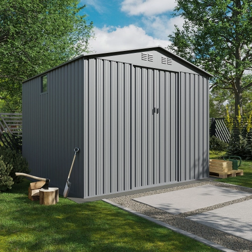 Domek narzędziowy metalowy NORDVIC Magni 283x313 cm + przesuwne Drzwi 182 cm, Ocynkowany, Dwuspadowy Dach, Wentylacja, Light Grey